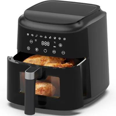 Obrázek produktu pro Fritéza na horký vzduch, bez oleje, kovový vnitřek, 6L, osvětlené průhledové okénko, 9 přednastavených režimů vaření, vhodná do myčky, 1650W