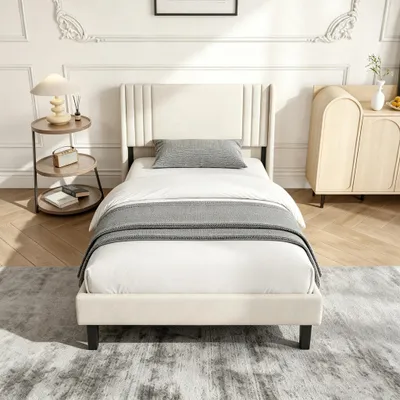 Produktbild von INONEFT Polsterbett 90x200cm, Einzelbett mit lattenrost und Kopfteil, Jugendbett, Kinderbett, Bettgestell, ohne Matratze, Leinen, Beige
