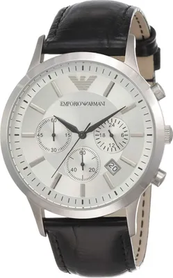 A close-up studio shot of an Emporio Armani men's chronograph watch with a silver dial and black leather strap.