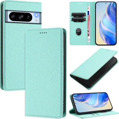 Produktbild von Litchi Leder Handyhülle für Google Pixel 8 Pro Wallet Kartenfächer Standfunktion Hülle Türkis
