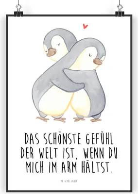 Produktbild von Mr. & Mrs. Panda Bild Pinguine Kuscheln DIN A3 - Weiß - Geschenk, wanddeko, für Freundin, Wanddekoration, Valentinstag, Partner, Mitbringsel, Wandbild, Hochzeitstag