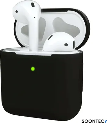 A pair of white AirPods in a black charging case, with the lid open.
