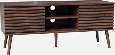 A dark brown wooden TV stand with slatted doors and angled legs, presented against a white background.