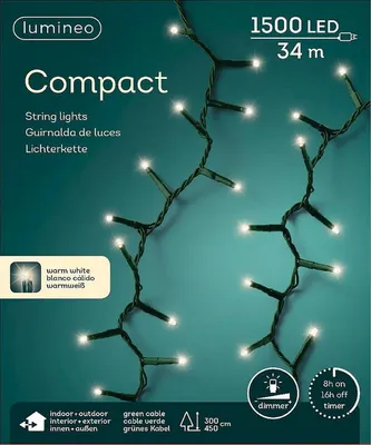 Obrázek produktu pro Světelná girlanda - Kompaktní - Teplá bílá barva - 1500 LED diod - 34 metrů - Zelený kabel - Vhodná pro použití uvnitř i venku - S časovačem - S funkcí stmívání