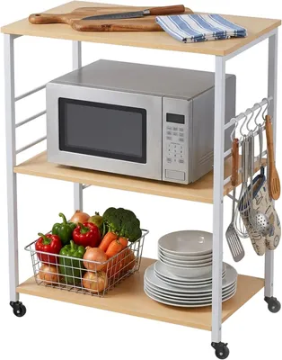 Obrázek produktu pro Kuchyňský vozík - 3 police - 6 háčků - 89 x 60 x 40 cm - MDF a ocel - Servírovací vozík - Přírodní barva - Bílá