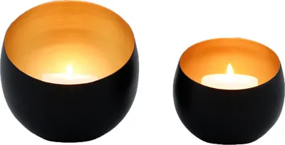 Produktbild von Marrakesch 2er Set Deko Aesthetic Teelichthalter aus Metall 12 cm groß Schwarz Gold | Windlicht Juju als Garten Wohnzimmer Tisch Deko | Exquisite Schwarze Windlichter Kerzenhalter für Teelichter