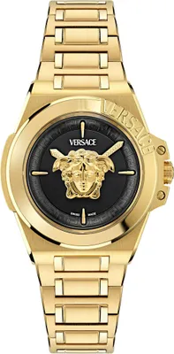 A product shot of a gold Versace watch with a black face.