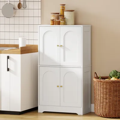 Produktbild von SUGIFT Buffetschrank Küchenbuffet, Küchenschrank Hochschrank mit 4 gewölbten Türen, 2 verstellbare Regalböden, Spanplatte Weiß  |  19 kg  |  60 x 30 x 110 cm