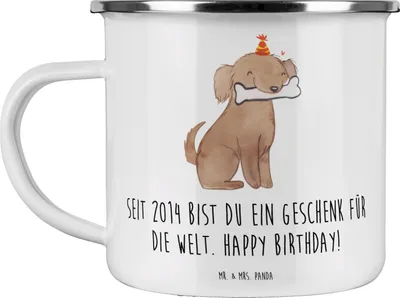 Produktbild von Mr. & Mrs. Panda Teetasse 2014 Geburtstag Geschenk - Weiß - Pott, Emaille Tasse, wertvolle Person, Teebecher, Happy Birthday, Haferl, Geburtstagsgeschenk, Einzigartigkeit