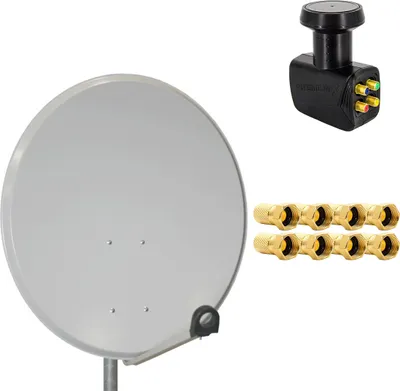 A satellite dish and accessories are displayed against a white background.