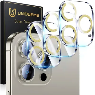 Zdjęcie produktu dla Osłony na obiektyw aparatu do iPhone 15 Pro/15 Pro Max [3 sztuki], odporne na zarysowania, twardość 9H, ultraprzezroczyste, złote