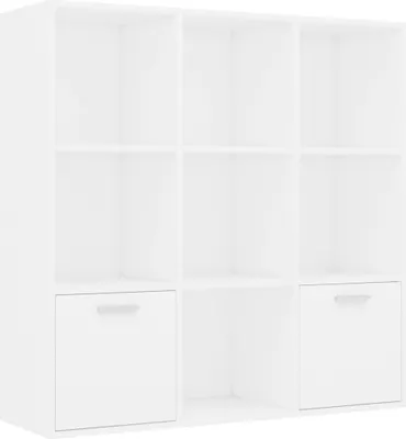 A white modular shelving unit with nine compartments, two of which have drawers.