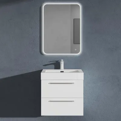 Image de doporro Meuble de Salle de Bains Blanc Mat Ensemble de 3 Pièces Meuble Suspendu avec Lavabo 60 cm et Miroir LED Design Quadratto