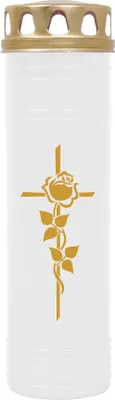 Produktbild von Grabkerze Weiß ( Druck Gold ), Brenndauer: 170 Stunden, Motiv: Rose Kreuz