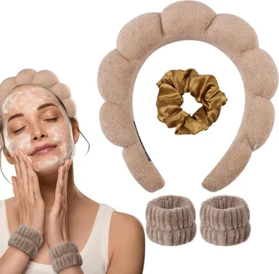 Productafbeelding van Spa-hoofdband voor vrouwen met polsbandjes en haarscrunchieset - Perfect voor gezichtswassen en huidverzorging