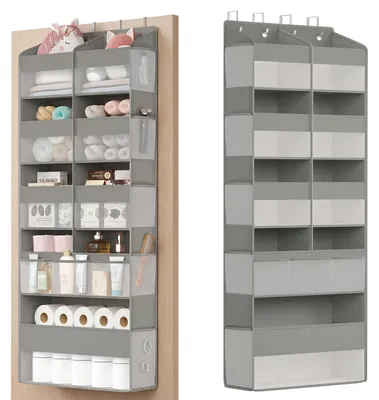 Productafbeelding van SONGMICS Deurorganizer, 9 vakken, hangende plank, opvouwbare hangende organizer, hangende opbergoplossing, 4 metalen haken, transparante deurplank, in de kleur duivengrijs, modelnummer RDH009GD01