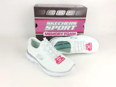 A pair of white Skechers sneakers with silver accents and a box in the background.