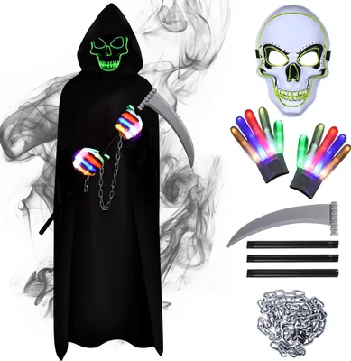 Sensenmann-Kostüm-Set: Cape, Sense, Maske, Handschuhe, Kette