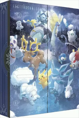 A Pokémon advent calendar with various Pokémon characters depicted in a snowy, nighttime scene.