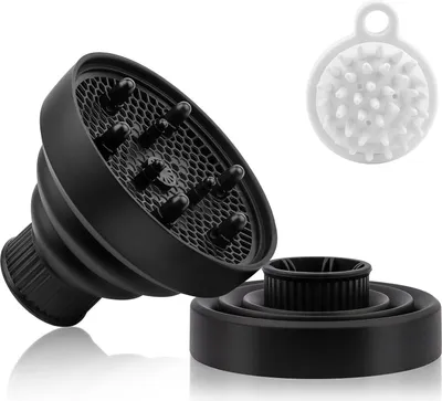 Produktbild von BundiGlassware Haardiffusor, Schwarz, faltbares Silikon-Design, abnehmbarer Filter, Ätherisches Öl Design, mit Kopfhaut-Massagebürste, für lockiges oder welliges Haar-Styling, 1.57-1.97 Zoll Düsendurchmesser, passend für die meisten Haartrockner (nicht universell)