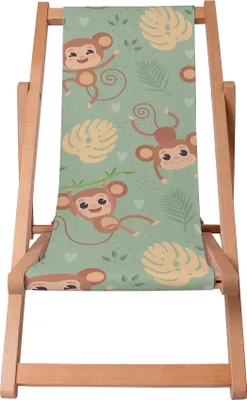 A child's foldable deck chair with a jungle-themed print featuring monkeys and tropical leaves.