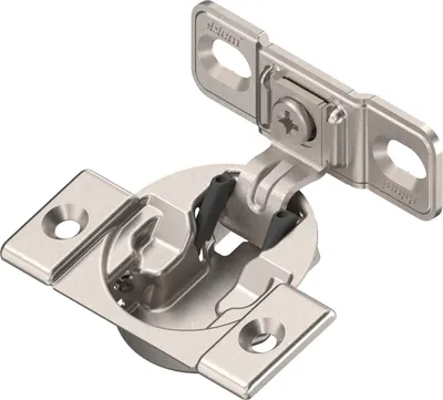 A close-up studio shot of a cabinet hinge.