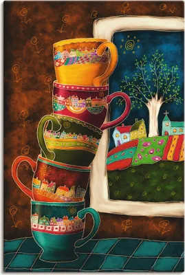 Produktbild von ARTland Leinwandbild Fröhliche Kaffeetassen Größe: 60x90 cm