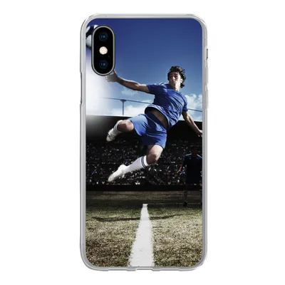 Produktbild von MuchoWow® Handyhülle Schutzhülle Hülle für iPhone X Fußballspieler macht einen Volley Silikon Softcase Handy Hülle - Handyhülle