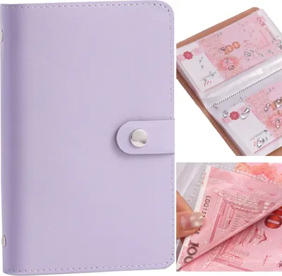 Produktbild von 100 Umschlaege, Geldspar-Challenge, Kunstledereinband mit Geldumschlag, PVC-Tasche, verwendet als Geld-Organizer-System, Sparplaner, Geburtstagsgeschenk fuer Freunde, Kollegen, Buero, Zuhause, Schule (Lila)
