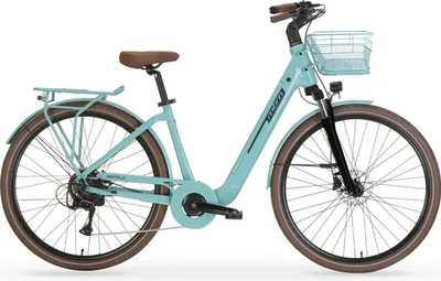 A studio shot of a turquoise electric city bicycle against a white background.