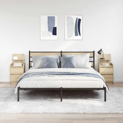 A bedroom scene with a bed and two nightstands.