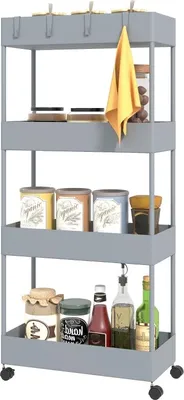 Image de Chariot Fortuna Lai, étagère de cuisine à 4 niveaux, étagère de rangement à roulettes, chariot de cuisine avec freins, chariot de service pour cuisine, chambre à coucher, salon, plastique, gris, 40 x 19 x 90 cm