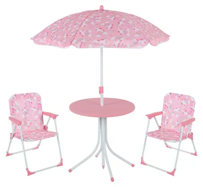 Immagine prodotto di Set da giardino per bambini Relaxdays, motivo unicorno, set da giardino per bambini con ombrellone, sedie pieghevoli e tavolo, da giardino, rosa