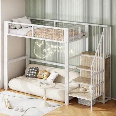 Immagine prodotto di Letto a soppalco 90x200 cm con scala e armadio, letto a soppalco per bambini in metallo e MDF con ripiano portaoggetti, bianco, 255x95x176 cm