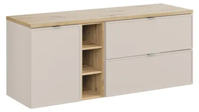 Image de Ensemble BRAZZA : meubles sous vasque à tiroirs 140cm avec panier à linge et niches visibles + plan pour vasque aspect bois