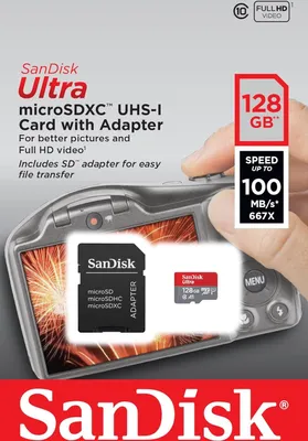 Produktbild von SanDisk Ultra, 128 GB, MicroSDXC, Klasse 10, UHS-I, 100 MB/s, Schockresistent, Spritzwassergeschützt, Temperaturbeständig, Wasserfest