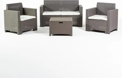 Produktbild von Garten-Loungeset aus Rattanoptik-Harz mit 2-Sitzer-Sofa, 2 Sesseln und Aufbewahrungstisch – leicht, pflegeleicht und mit abnehmbaren Kissen, ideal für Garten, Terrasse und Balkon – SALINA – Turteltaube