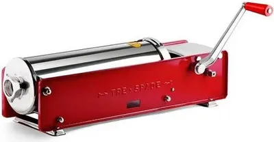 A red and silver manual sausage stuffer is shown against a white background.