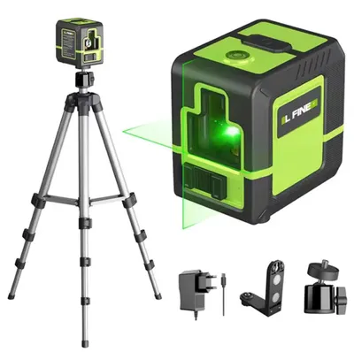 Zdjęcie produktu dla Laserowa poziomica – laser krzyżowy ze statywem – dwie zielone linie laserowe – samonivelujący w zakresie 360° – automatyczny – z akumulatorem – zielony