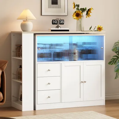 Immagine prodotto di MODFU, isola da cucina 115–172x40x96 cm, mobile da cucina/bancone con piano estendibile, mobiletto con 3 cassetti, illuminazione LED e ante scorrevoli in vetro, colore bianco
