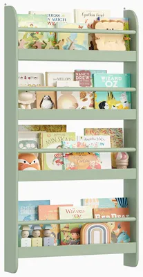 Image de Étagère murale pour enfants - Étagère murale en bois pour livres d'enfants - 4 niveaux - 113 x 59 x 12 cm - Rangement peu encombrant pour la chambre d'enfant - Vert