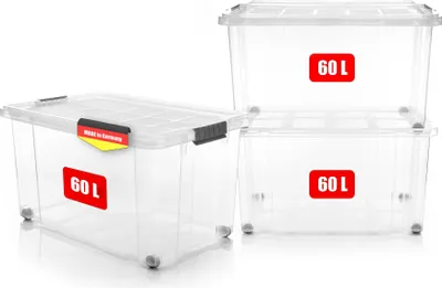 Produktbild von BigDean 3 Stück 60 L Aufbewahrungsbox mit Deckel groß transparent - stapelbare robuste Box - rollbare Stapelbox mit festen Klickverschlüssen