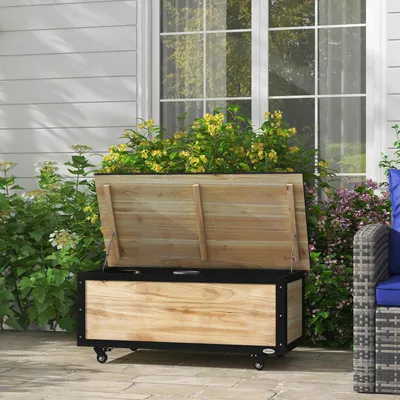 Produktbild von SUGIFT Gartenbox Holz 121 L, Aufbewahrungsbox Garten wetterfest, Tannenholz Naturholz, mit 2 Rädern | 100x50x43 cm | bis 60 kg | Metallscharniere