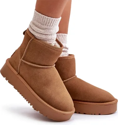 Zdjęcie produktu dla Skórzane Zamszowe Śniegowce Na Platformie Za Kostkę Camel Rianaella 39