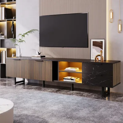 Obrázek produktu pro MODFU TV skříň Lowboard s černou mramorovou optikou pro TV do 90 palců, televizní stůl s nastavitelným LED osvětlením, dvěma dveřmi a dvěma zásuvkami pro obývací pokoj, jídelnu, černý