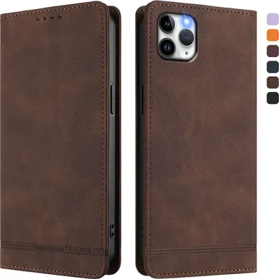 Image de Etui pour iPhone 11 Pro Max, étui rétro en cuirPolyuréthaneavec support et fentes pour cartes de crédit Marron