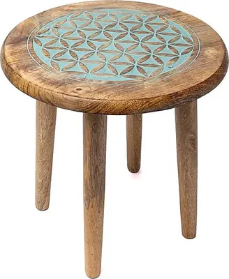 Image de Table d'appoint en bois de manguier imprimé fleur de vie bleue - 30x30x31 cm