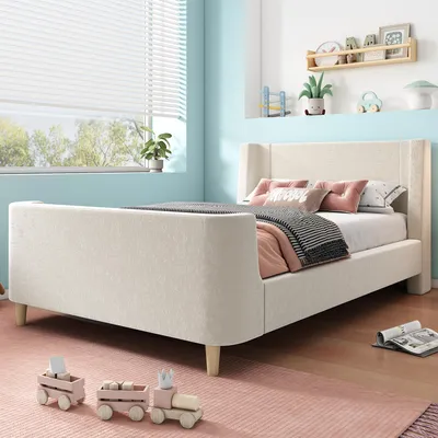 Produktbild von Zerbaco Polsterbett Einzelbett Schlittenbett 90x200 cm Kinderbett mit kosmischem Muster, Beige, Samt, ohne Matratze