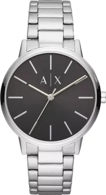 A close-up studio shot of a silver Armani Exchange watch with a black face.