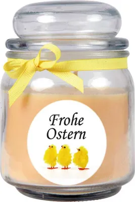 Imagen del producto de Vela perfumada como regalo de Pascua (fragancia de vainilla), diseño: pollitos. Vela para decoración de Pascua, 300g. Cera con una duración de aproximadamente 70 horas